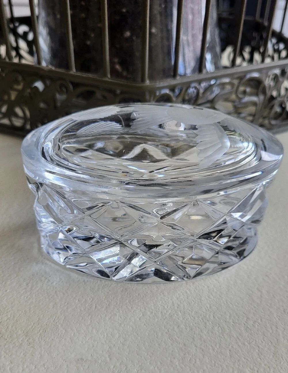 Vintage Miller Rogaska Lead Crystal Oval Trinket Box Etched Hummingbird Slovenia